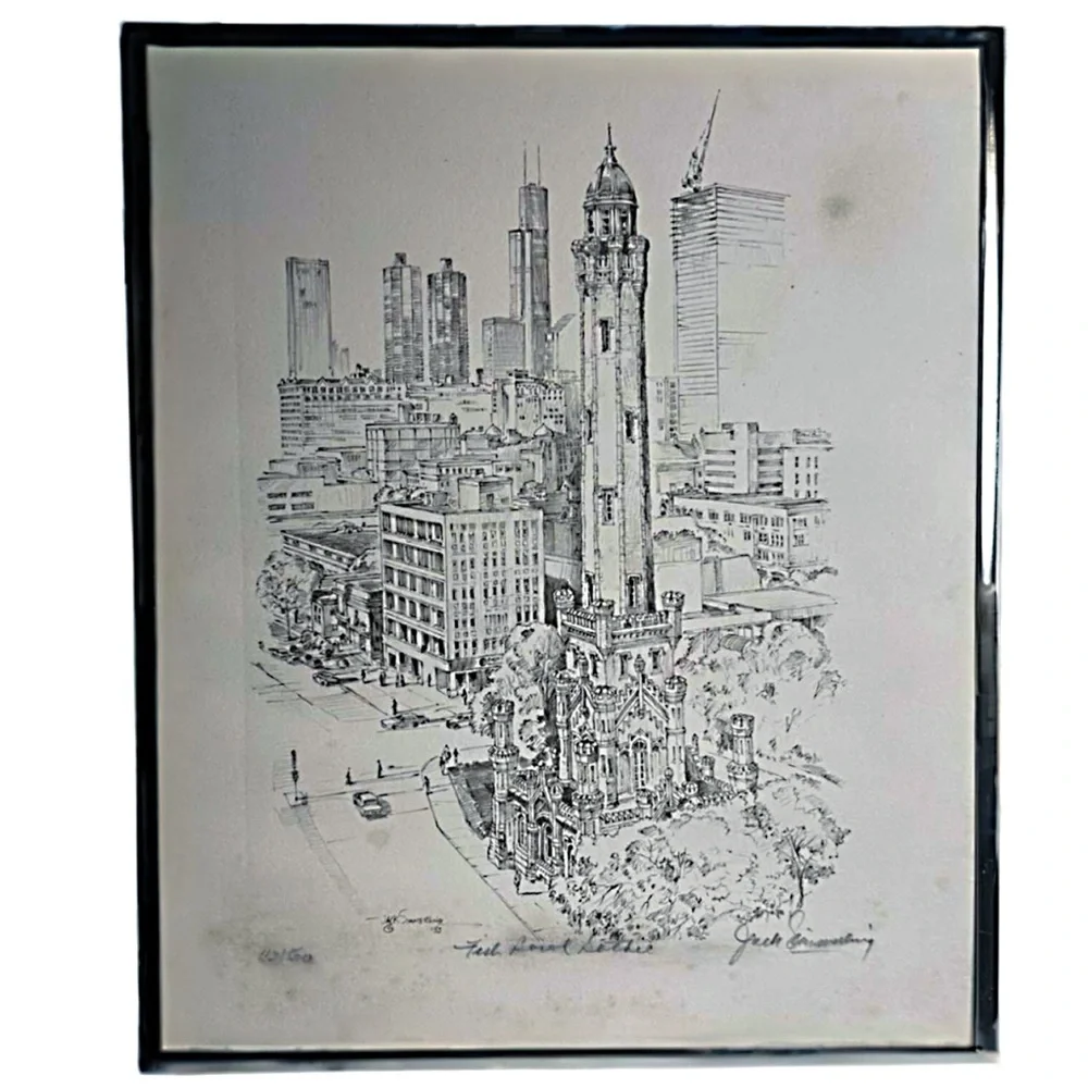 Jack Simmerling Chicago Signed Ink Drawing 43/500 “Fish Bowl Gothic” o